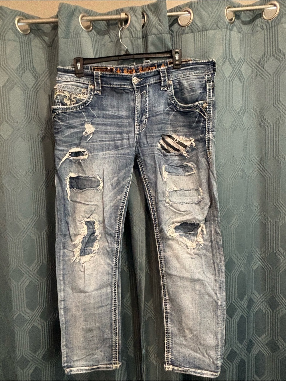 Rock Revival Men's Distressed Thrashed Light Blue Slim Straight Jeans